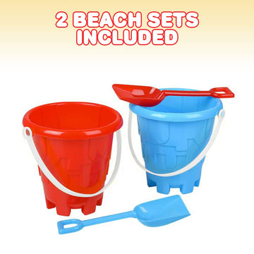 ArtCreativity 6'' Beach Bucket and Shovel for Kids (Set of 2) Includes 2 Sand Shovels and 2 Buckets with a Sand Castle Design In