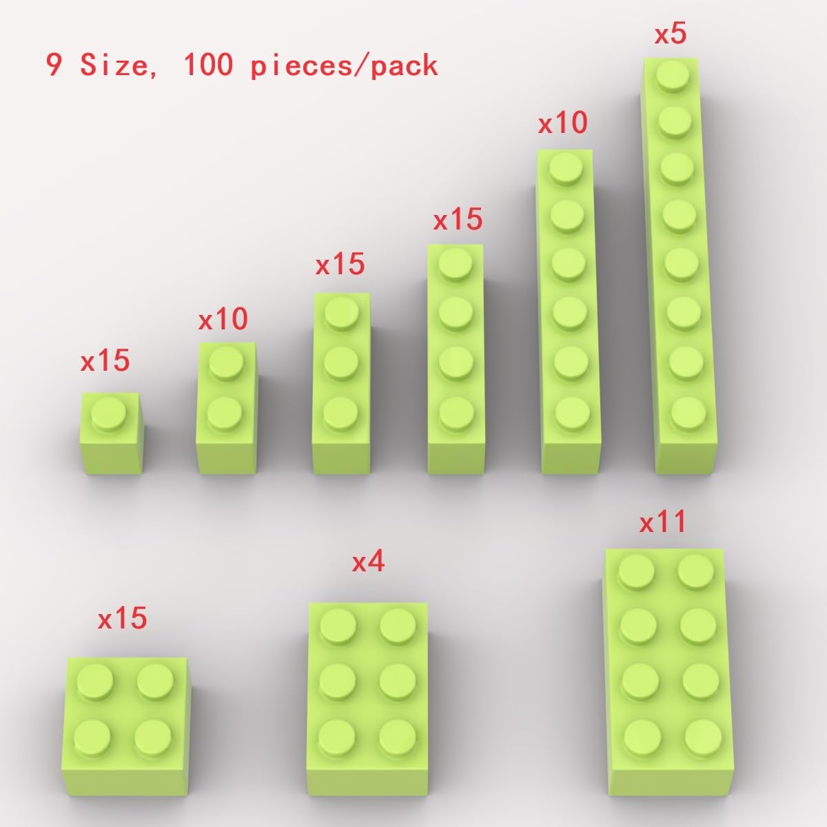 YUJHITP 100 Piece Grass green Bricks Bulk Assortment Pack, 9 Size Grass green Classic Building Blocks Bricks, Compatible with Le