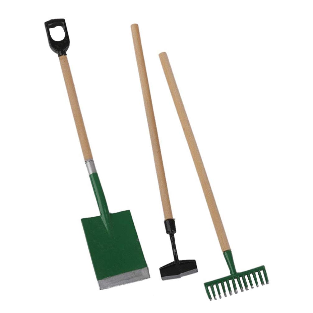 Supvox 3Pcs Miniature Garden Tools 1:12 Mini Garden Rake Zen Shovel Model Early Educational For Children Kids