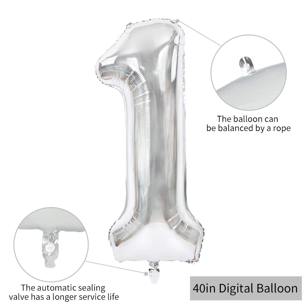 Toniful 40 Inch Silver Large Numbers Balloons 0-9, Number 1 Digital 1 Helium Balloons, Foil Mylar Big Number Balloons For Birthd