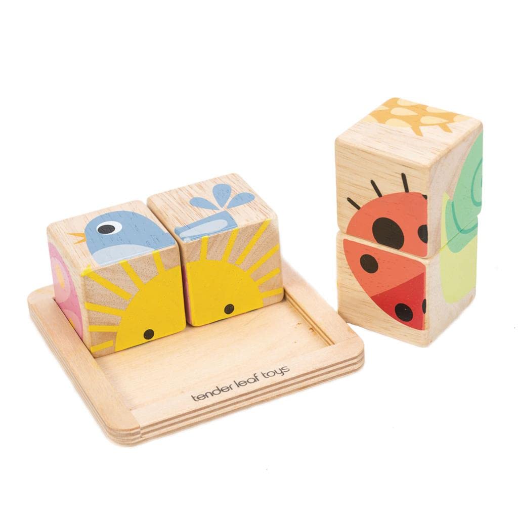 Tender Leaf Toys Baby Blocks - 5-Piece Wooden Jigsaw Puzzle with Storage Tray for Toddlers 18M+ - Model TL8452