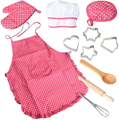 Chef Set for Kids,11pcs Kitchen Costume Role Play Kits, Girls Apron with Chef Hat,Cooking Mitt and Cookie Cutters (Rose red)