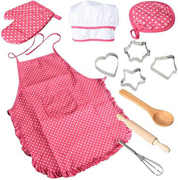 Chef Set for Kids,11pcs Kitchen Costume Role Play Kits, Girls Apron with Chef Hat,Cooking Mitt and Cookie Cutters (Rose red)