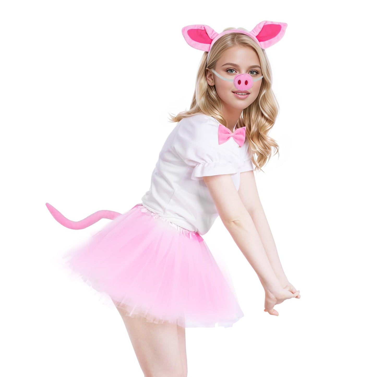 Jmkcoz 4 Pieces Pig Costume Set Pig Ears Headband Nose Tail Bow Pink Pig Fancy Dress Costume Accessories For Halloween Dress Up Play Party