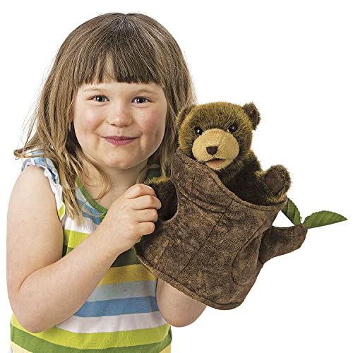 Folkmanis Brown Bear in Tree Stump Hand Puppet - One Size, Ideal for Storytelling and Imaginative Play