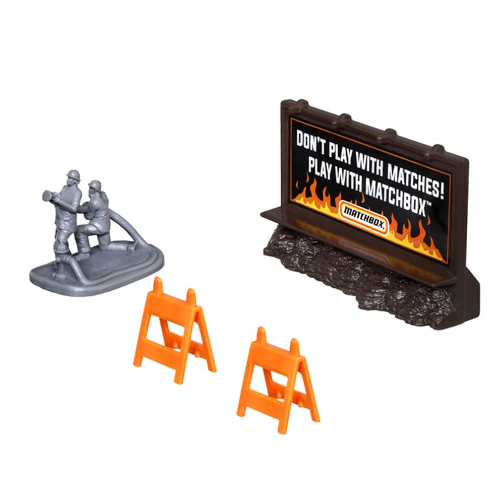Matchbox Hitch & Haul Die-Cast Vehicle Playset - Fire Rescue ~ 6 Piece Set ~ Hazmat Response Truck And Ambulance ~ Includes Firefighters, Billboard Sign And 2 Safety Barriers