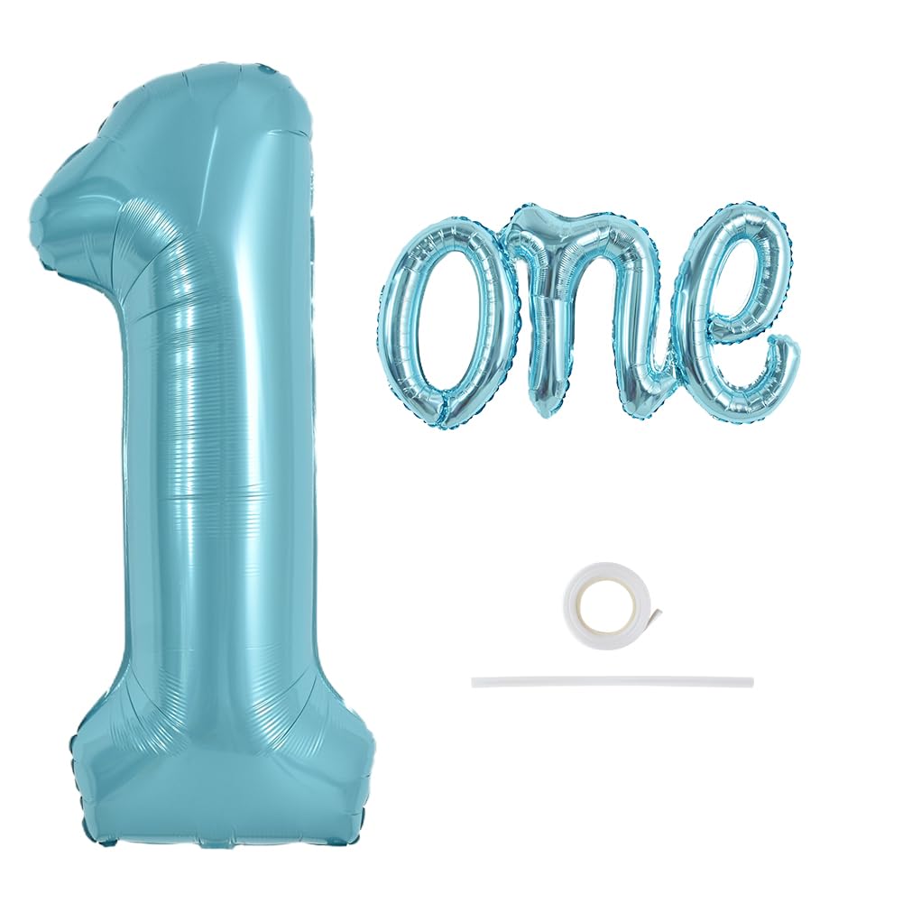 TONIFUL 40 Inch Giant Light Blue Number 1 Balloon,Mylar Foil Script Cursive Letter 1 Balloon Banner for Boys Girls Kids First Bi