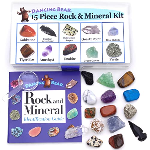 Dancing Bear -15 Pc Rock & Mineral Collection With Collector Box/Display Case, Id Sheet, Rock Book, Magnifying Glass, Beginner S