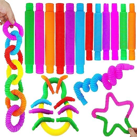 Jukusa 12 Pcs Flexible Pop Tube Toys For Kids Stress Anxiety Relief Sensory Bendable Stimming Toy Adjustable Pop Sound Ring Conn