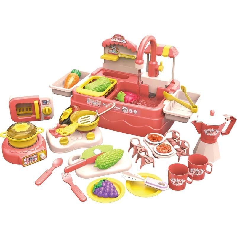 Pretend Play Dishwasher Kitchen Sink Toy Set with Running Water