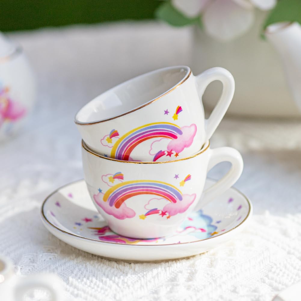 Tacobear Porcelain Tea Set for Girls Toys Unicorn Gift, 13pcs Tea Party Set with Teapot & Cup & Saucer & Suitcase, Kid Kitchen P