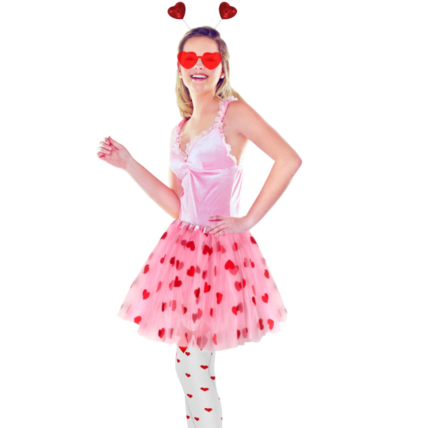 Hikkcos Pink Tutu Costume for Women - Valentine's Day Cupid Outfit with Heart Headband & Sunglasses, Medium, Polyester