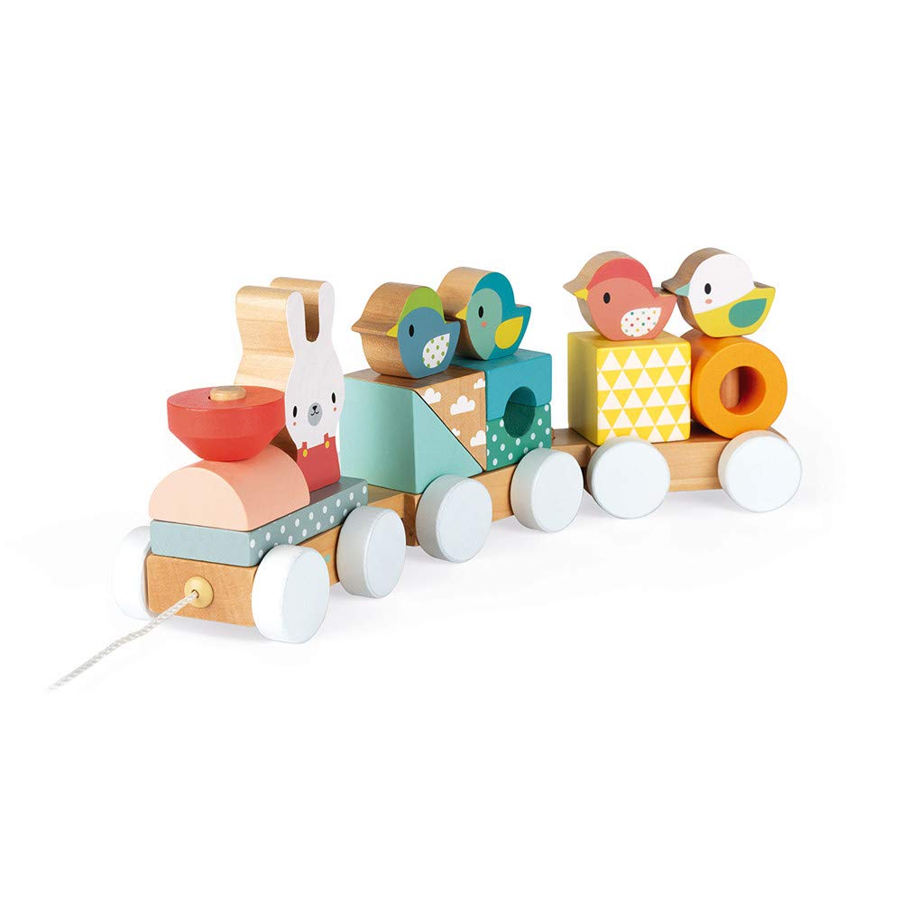 Janod Pure 2-In1 Stacking And Pull-Along Wood Train - Ages 1+ - J05157