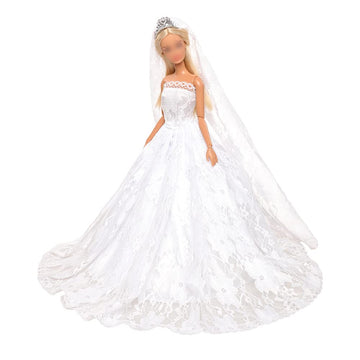 Barwa White Wedding Dress With Long Veil Evening Party Princess White Lace Gown Dress For 11.5 Inch Girl Doll
