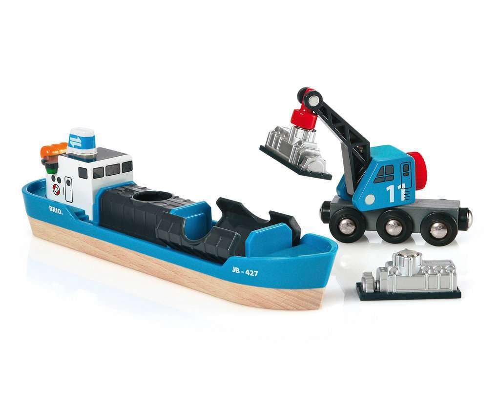 Brio World - 33534 Container Ship And Crane Wagon | Premium 4-Piece Kids Train Set Toy | Enhances Motor Skills & Creativity | Co