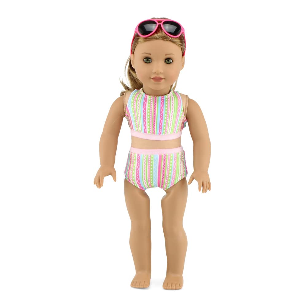 Emily Rose Doll Clothes | 18-Inch Doll 7 Pc Surfer Swimming Bathing Suit Beach Set, Includes Sunglasses And 18-In Doll Shoes! | Compatible With 18' American Girl Dolls