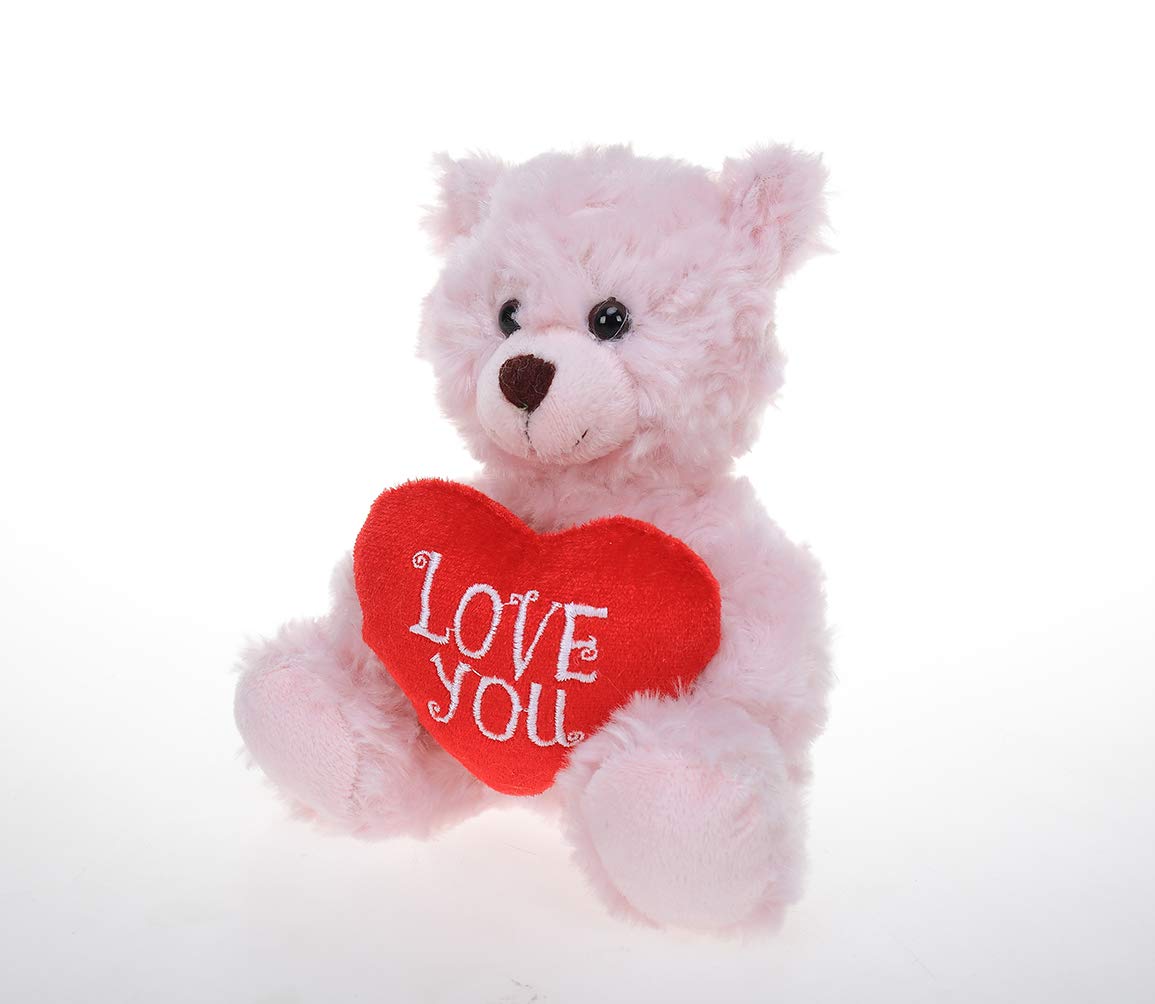 Plushland Stuffed Mocha Heart Bear - Plush Bear Toy For Kids & Adults - Embroidered Heart Pillow - Brown-6 Inches (Love You-Pink)
