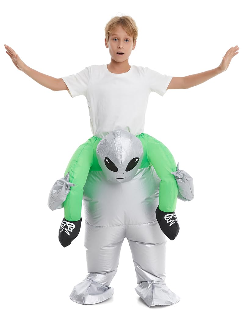 Hsctek Inflatable Alien Costume Kids Boys Girls, Blow Up Riding Alien Abduction Costume Child, Carrying Me Holding Man Halloween Costume Children, Silver
