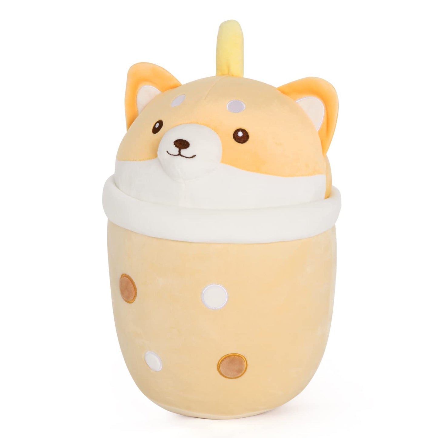 MMguai 14 inch Cute Big Boba Tea Shiba Inu Dog Plush Soft Hugging Pillow,Large Corgi Brown Pearl Milk Tea Stuffed Animals Toy Do