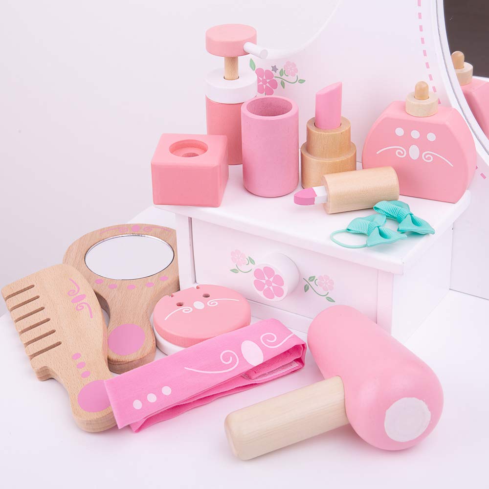 Bigjigs Toys Wooden Kids Vanity Case - 11pc Vanity Kit & Accessories with Pink Polka Dot Carry Bag, Ideal Pretend Play Toy & Gif