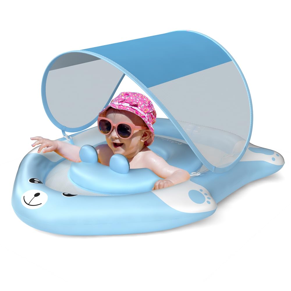 Relaxing Baby - Double Float with Adjustable Safety Seat,Canopy UPF 50+ Sun Removable,Inflatable Animal Style Float,Swimming Flo