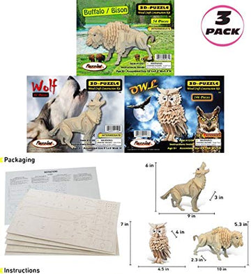 Puzzled Bundle Of Owl, Wolf And Buffalo Wooden 3D Puzzle Construction Kits, Fun Unique And Educational Diy Wild Animals Toys Assemble Model Unfinished Wood Craft - 3 Pack
