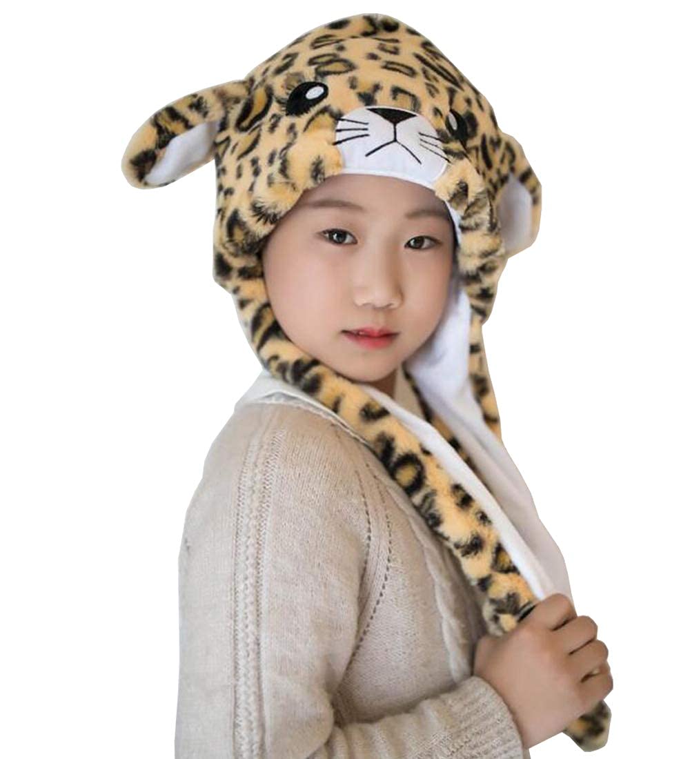 JOYHY Kids Adults Plush Hat Ear Moving Ear Flap Hat With Paw Brown Leopard