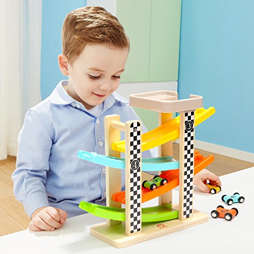 TOP BRIGHT Wooden Car Ramp Race Track Toy with 12 Replacement Cars - Yellow Toddler Playset for Kids