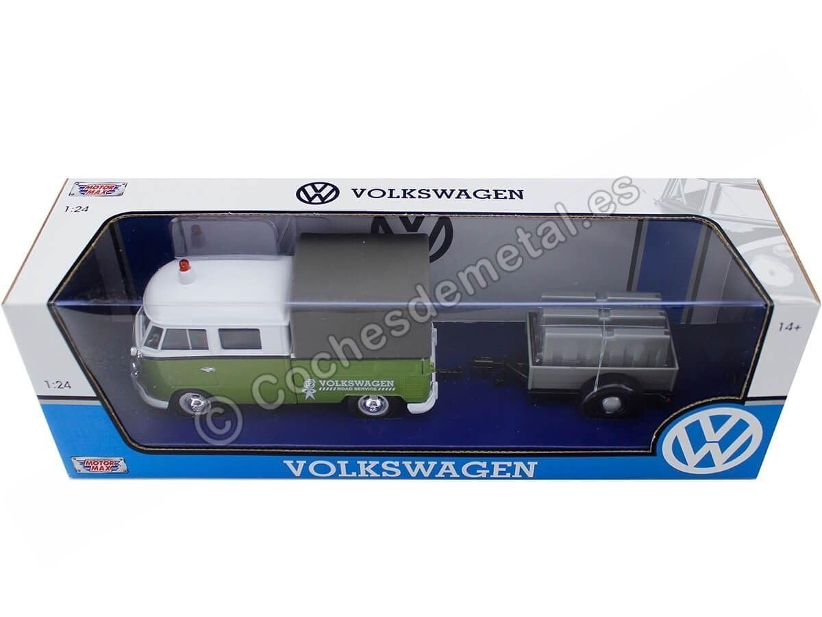 Motormax 79676 Volkswagen T1 Pickup with Canopy Green & White with Trailer Road Service 1-24 Scale Diecast Model Car