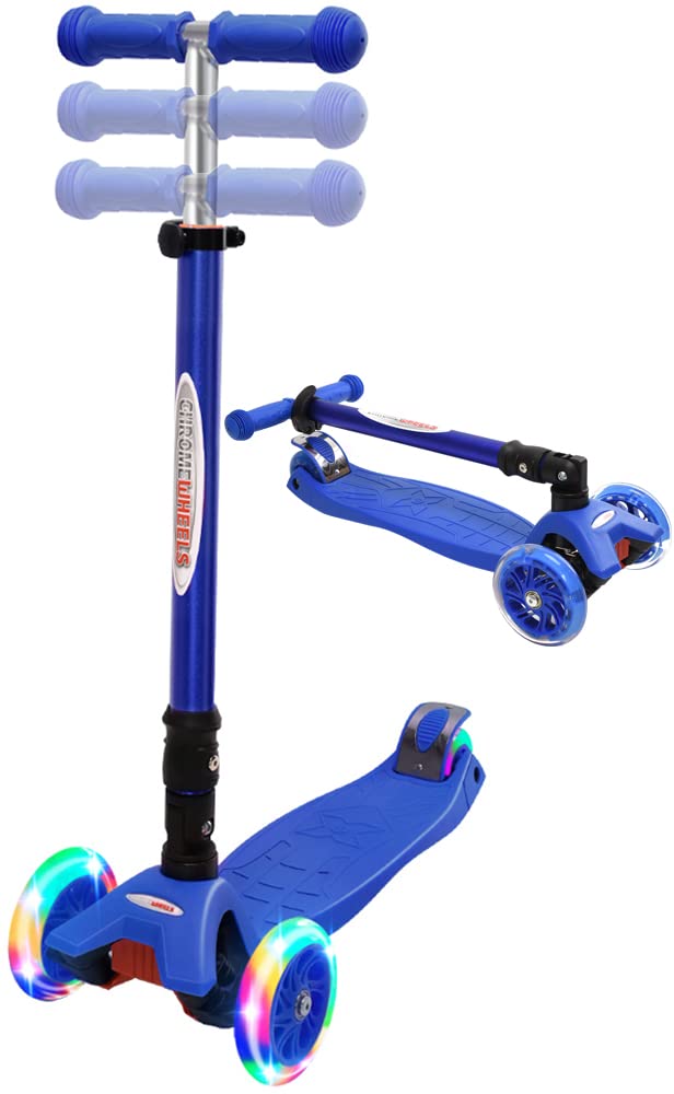 Chromewheels Scooters For Kids, Deluxe Kick Scooter Foldable 4 Adjustable Height 132Lbs Weight Limit 3 Wheel, Lean To Steer Led Light Up Wheels, Best Gifts For Girls Boys Age 3-12 Year Old, Blue