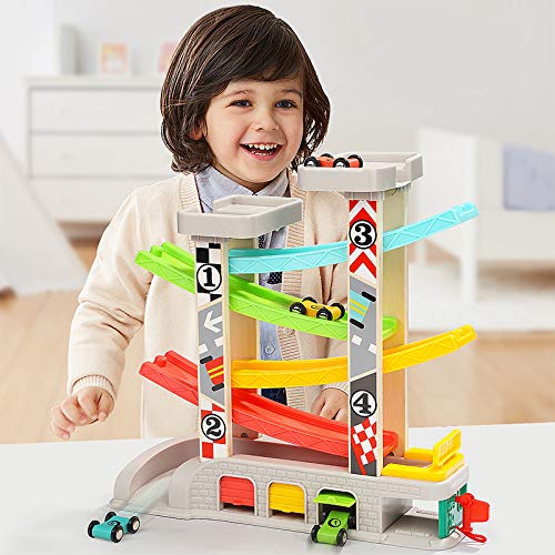 TOP BRIGHT Car Ramp Toy Set for Toddlers - Includes 4 Cars, Parking Lot & Gas Station, Plastic, 5 Car Ramps, Model TB-120402