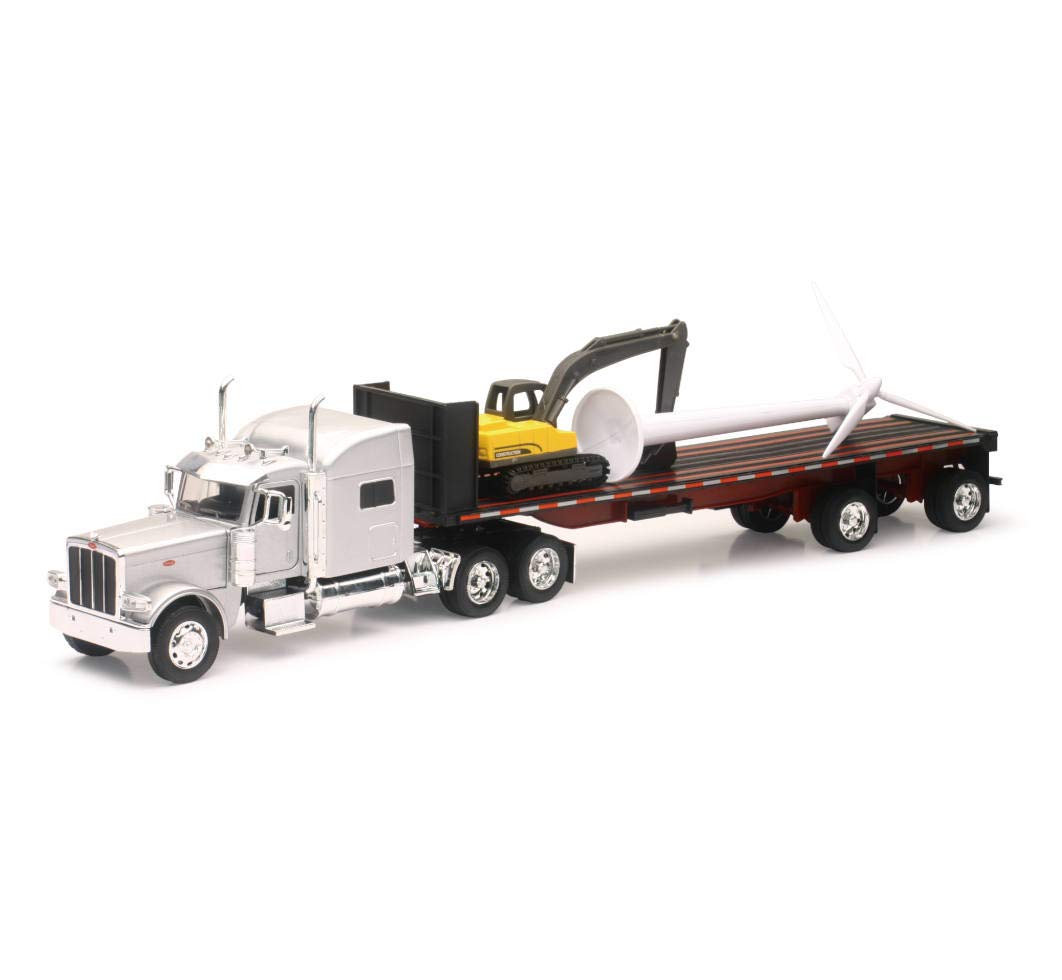 Peterbilt 389 Truck With Flatbed Trailer Silver Metallic With Excavator And Wind Turbine ''Long Haul Truckers'' Series 1/32 Diec