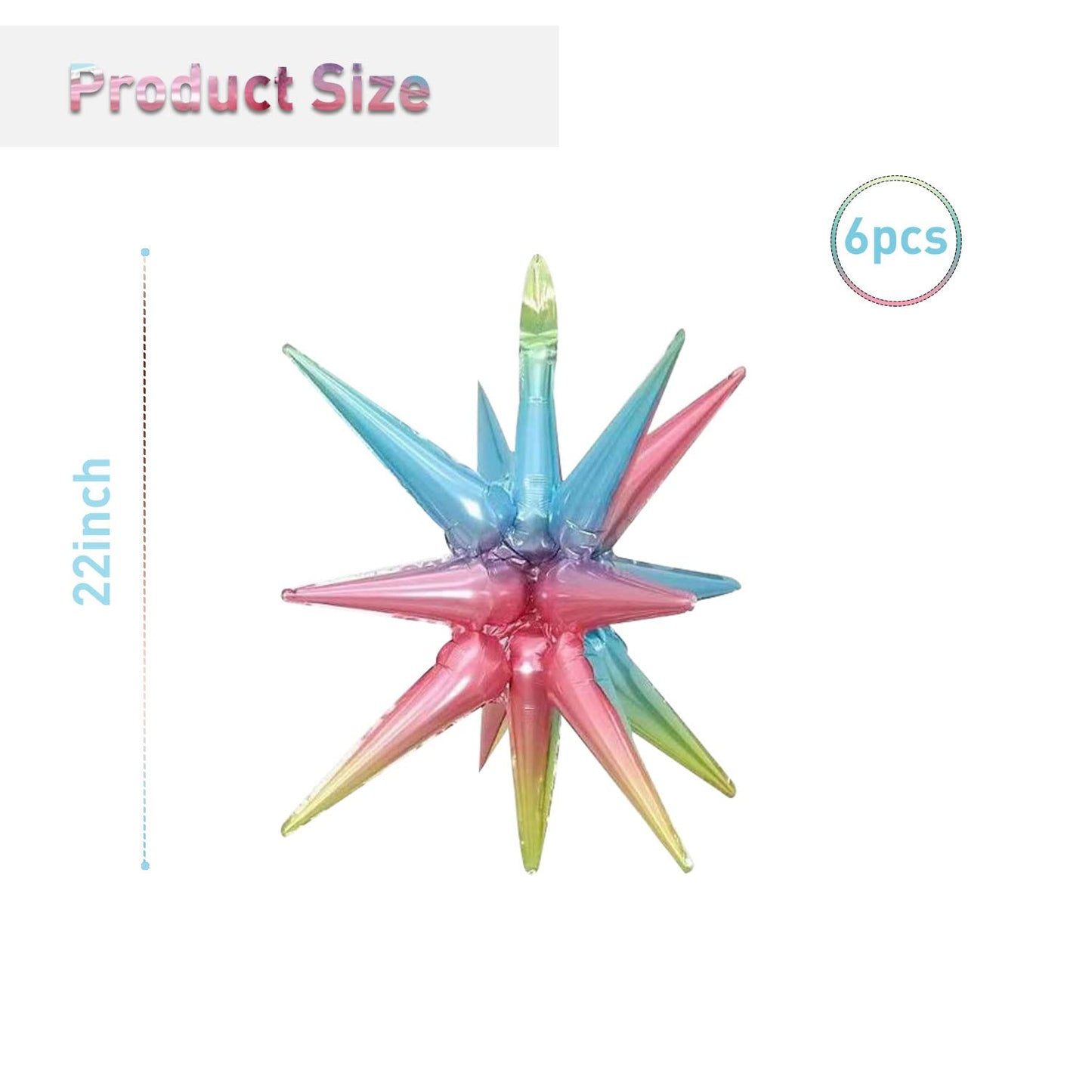 6 Pcs Multicolor Star Foil Balloons One-Piece 14-Pointed Star Balloons 4D Starburst Cone Mylar Balloons 22Inch Christmas Birthda