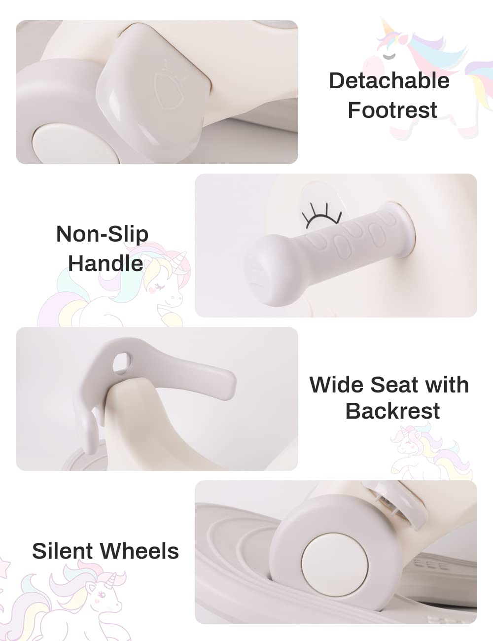 4 In 1 Rocking Horse For Toddlers 1-3 Years Old, Balance Bike Ride On Toys With Push Handle, Backrest And Balance Board For Baby Girl And Boy, Unicorn Kids Riding Birthday (White)