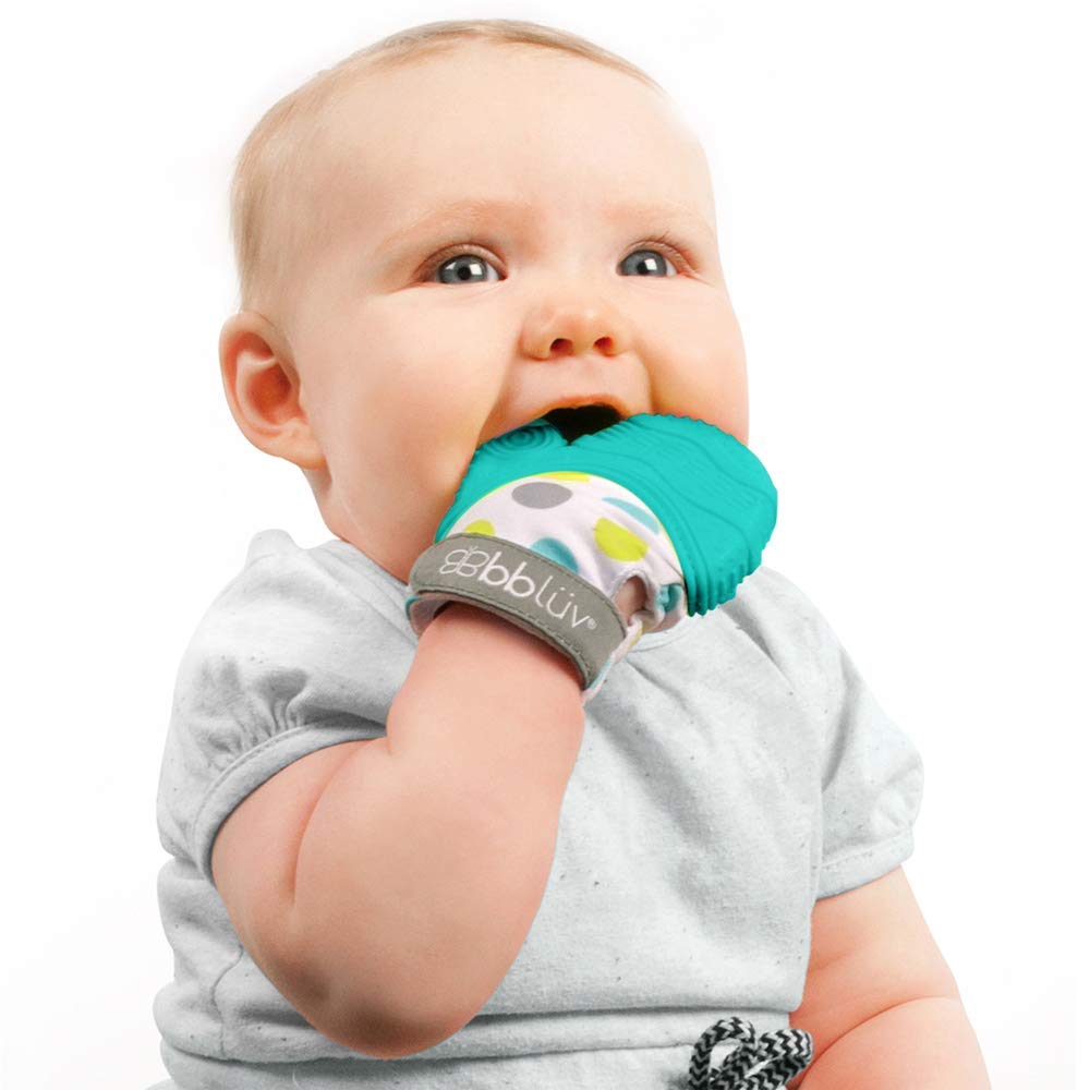 Bblv - Glv - Original Silicone Baby Teething Mitten With Opposable Thumb, Self Soothing Teether Toy, Includes A Storage Bag (Aqu
