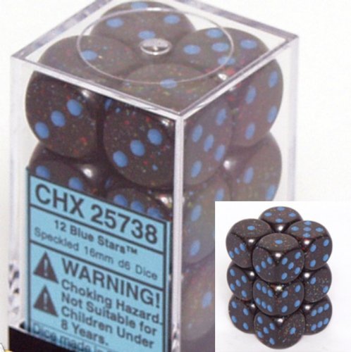 Chessex Dice d6 Sets: Blue Stars Speckled - 16mm Six Sided Die (12) Block of Dice