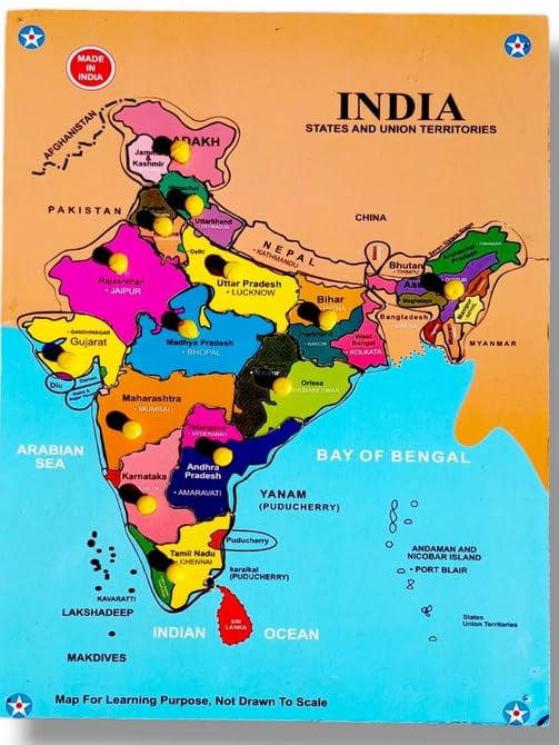 India Map Wooden Puzzle Capital with State Learning Educational Board Tray with Knobs map Game for Kids Age 3+ Years Pack of 2