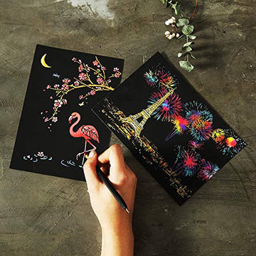 Magic Scratch Art Paper(7.9x5.5), Rainbow Landscape Engraving Art Mini Scratchboard Pads for Adults and Kids, Art & Crafts Set: