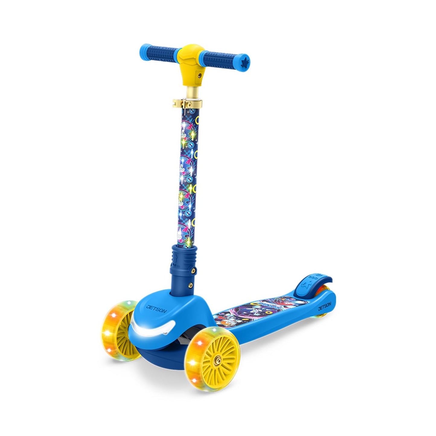 Jetson Sonic Three-Wheel Light Up Kick Scooter, Light Up Stem & Wheels, Height Adjustable Handlebar, Rear Brake, Foldable, Ages