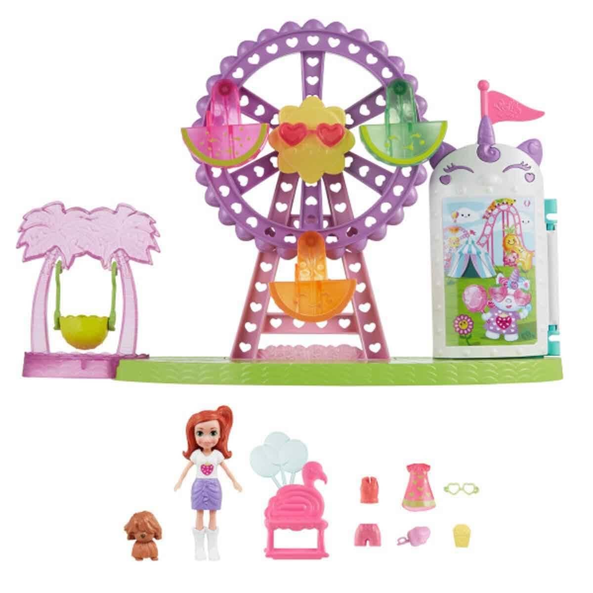 Polly Pocket Doll & Playset, Tropical Treats Carnival Food-Themed Toy Includes 3-Inch Doll, 1 Puppy, 10 Accessories & Spinning F