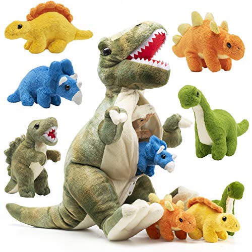 Prextex 15'' T-Rex Dinosaur Stuffed Animal Set With 4 Dino Plush Toys Inside, Large Zippered Pouch Dinosaur For Boys & Girls, St