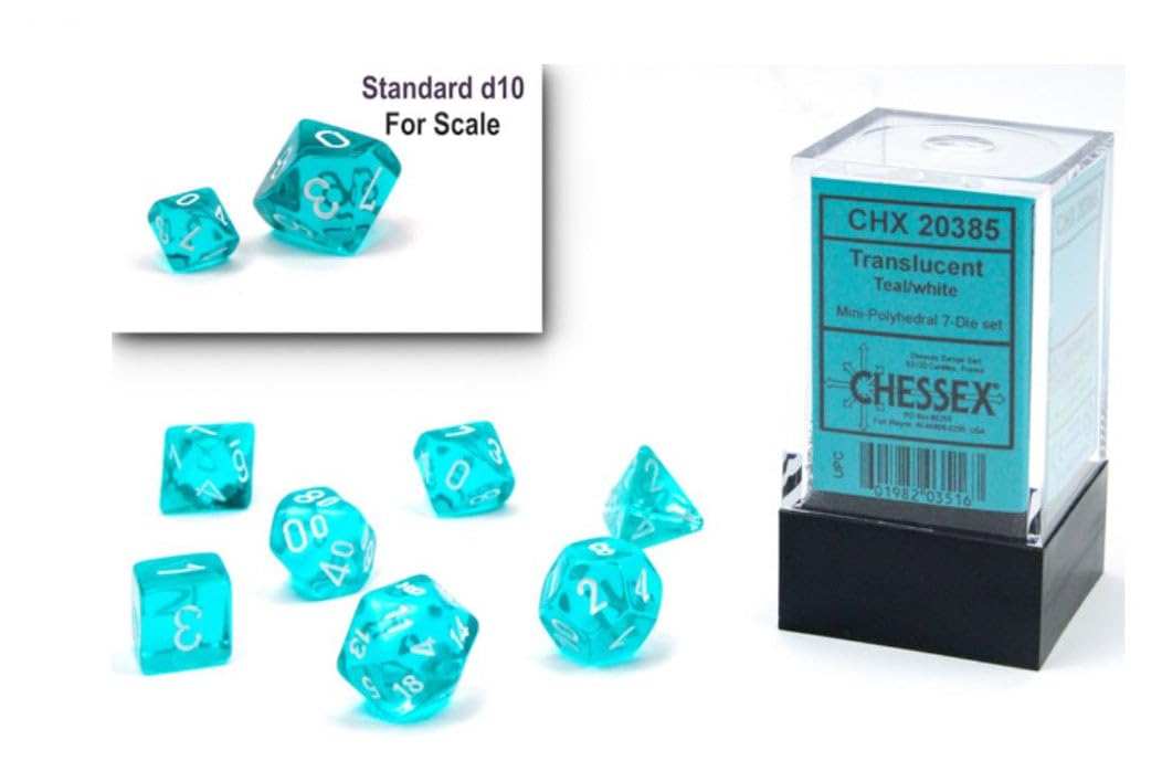 Chessex Dice Set - 10mm Translucent Teal/White Plastic Polyhedral Dice Set - Dungeons and Dragons D&D DND TTRPG Dice - Includes