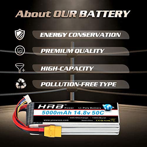 HRB 4S 5000mAh Lipo Battery XT90 50C 14.8V RC Lipo Battery Compatible with RC Car Truck Helicopter Airplane Quadcopter Boat