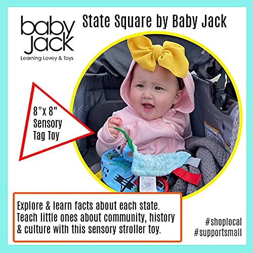 Baby Jack & Co 8X8” Learning Lovey Tag Toys For Babies - Baby Crinkle Toys - Crinkle Toys For Baby - Soft & Safe - Learn Usa State Facts - Ideal Baby Toy Bpa Free W/Stroller Clip (Indiana)