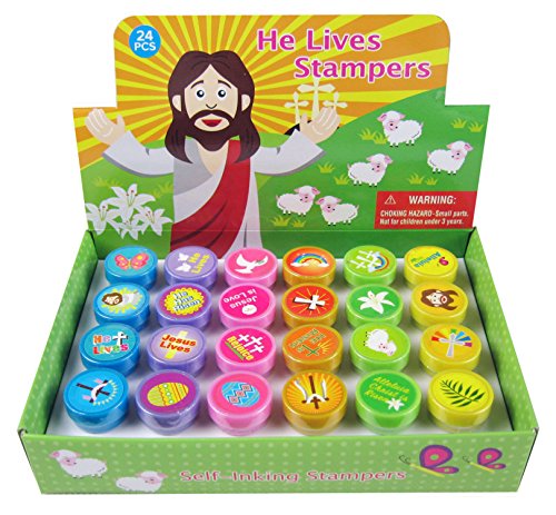 Tiny Mills 24 Pcs He Lives Jesus Stampers for Kids Easter Egg Fillers Basket Stuffers VBS Sunday School Rewards Prizes