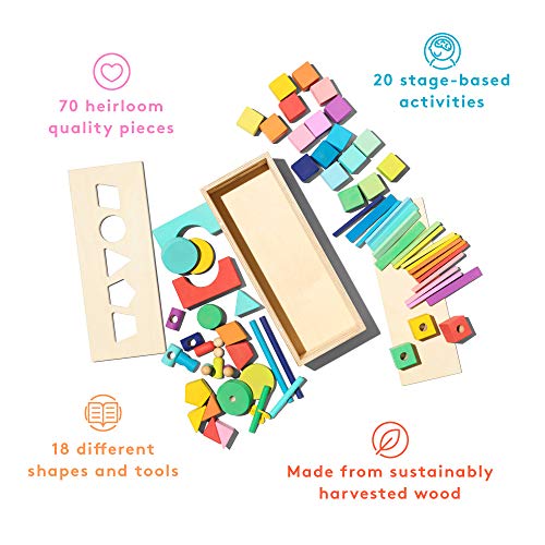 Lovevery | The Block Set | Solid Wood Building Blocks And Shapes + Wooden Storage Box, 70 Pieces, 18 Colors, 20+ Activities, Toddler Block Set And Converts Into A Pull Car, Ages 12 To 48+ Months