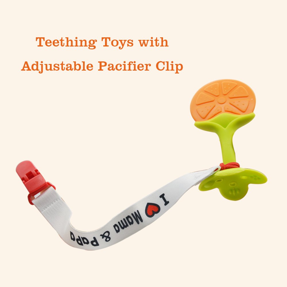 Baby Teething Toys - Natural Organic Freezer Safe Teether Set With Pacifier Clip For 3 To 12 Months Babies, Soft Silicone Fruit