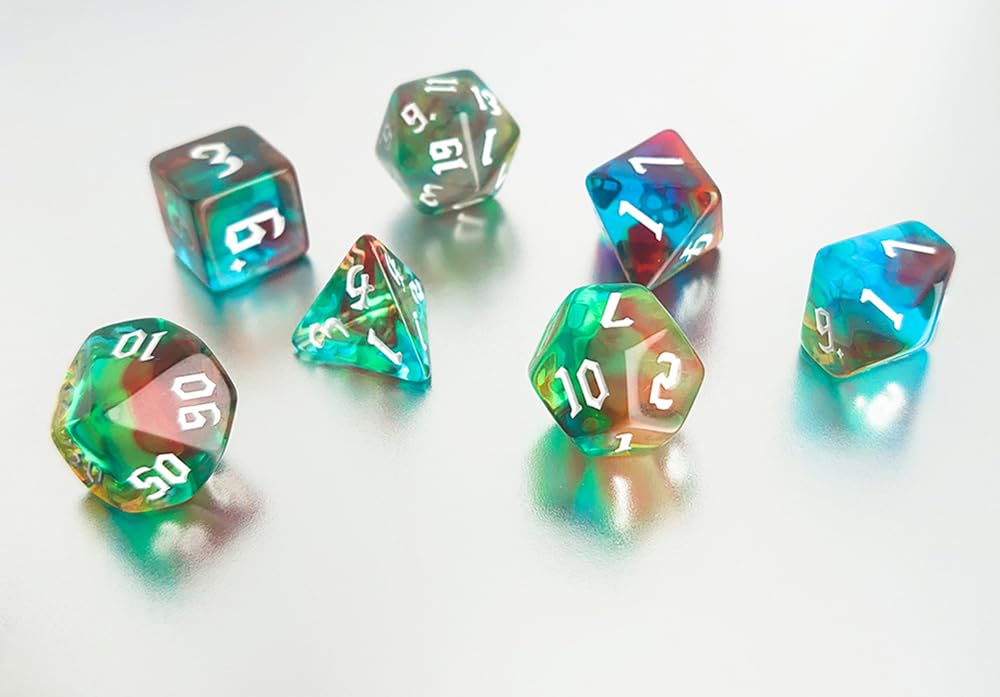 Vvpesca D&D Dice Set Of 7Pcs Green Clear Mixed Color - Dnd Dice Set For D&D, Coc, Ttrpgs, Dungeons And Dragons, Mtg, Role Playin