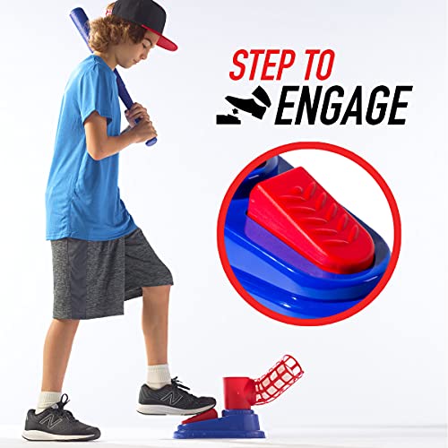 Franklin Sports Kids Baseball Pitching Machine - Pop A Pitch Baseball Batting Machine With Youth Bat + 3 Plastic Baseballs - Boys + Girls Baseball Toy,Red/Blue