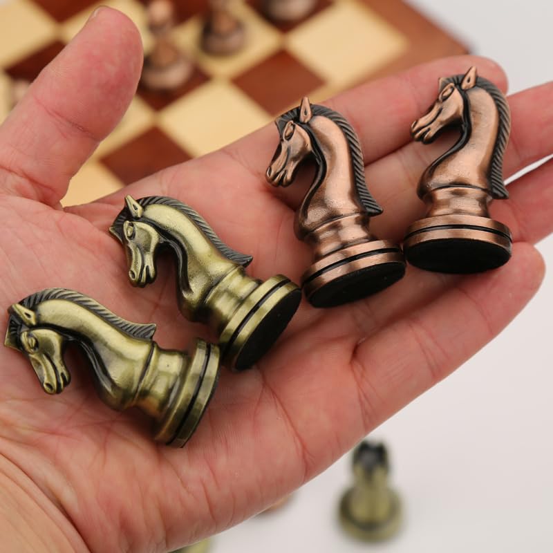 Agirlgle Retro Metal Chess Set - Folding Wooden Board, Classic Handmade Pieces, Bronze Finish - Ideal for Kids & Adults